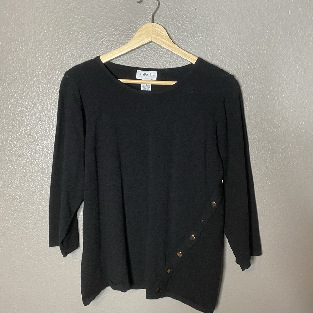 Carmen Marc Valvo Pullover Sweater Womens XL Black Round Neck 3/4 Sleeve Knit